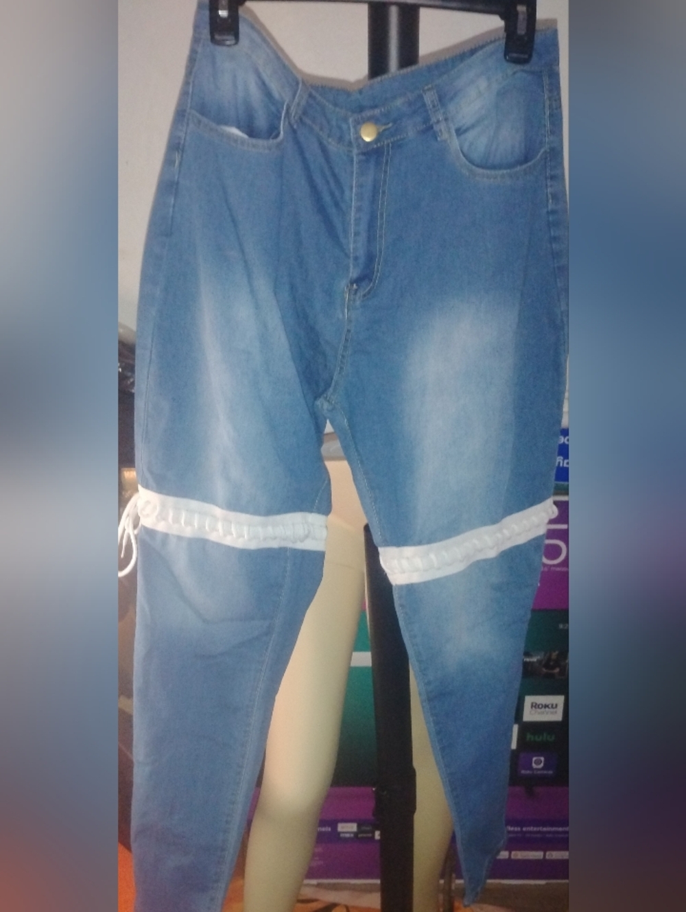 Women s Light Blue Denim Jeans with White Tie Trim